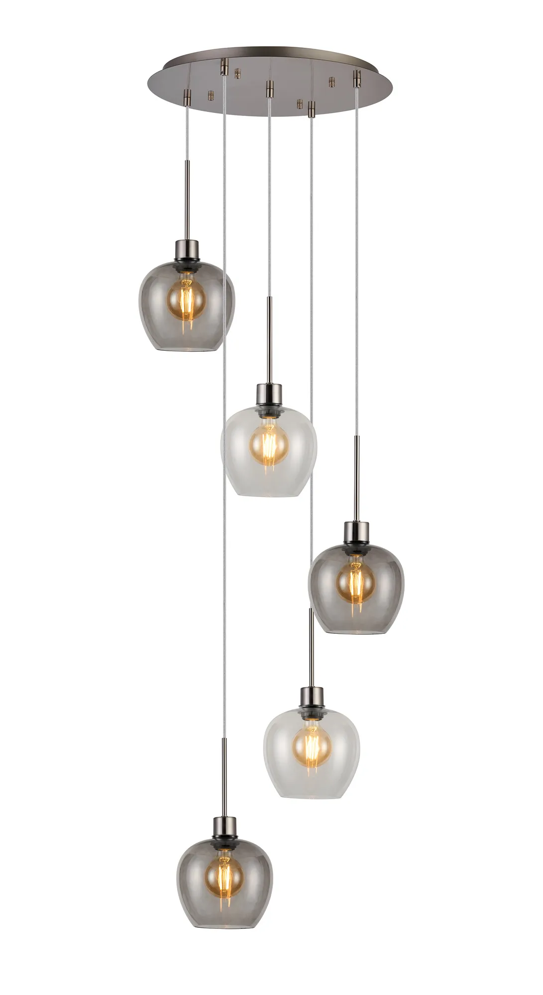 DK1387  Lori 45cm Round Pendant, 5 Light Adjustable E27, Satin Nickel/Clear/Smoke Wine Shades